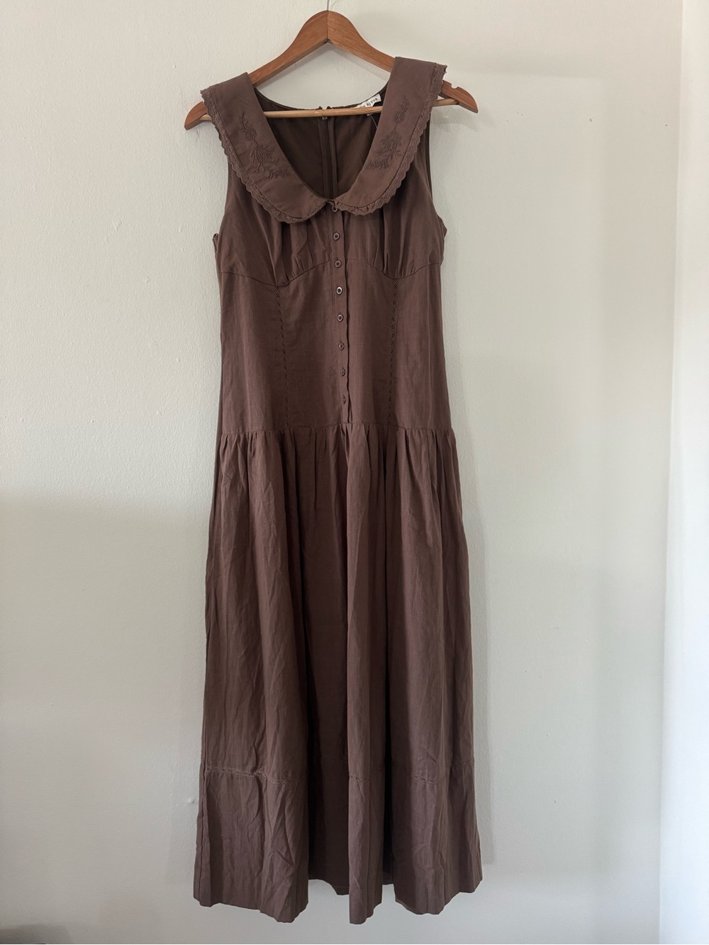 Moon River M Maxi Dress Peter Pan Collar Cottagecore Embroider Chocolate Brown - Picture 1 of 11